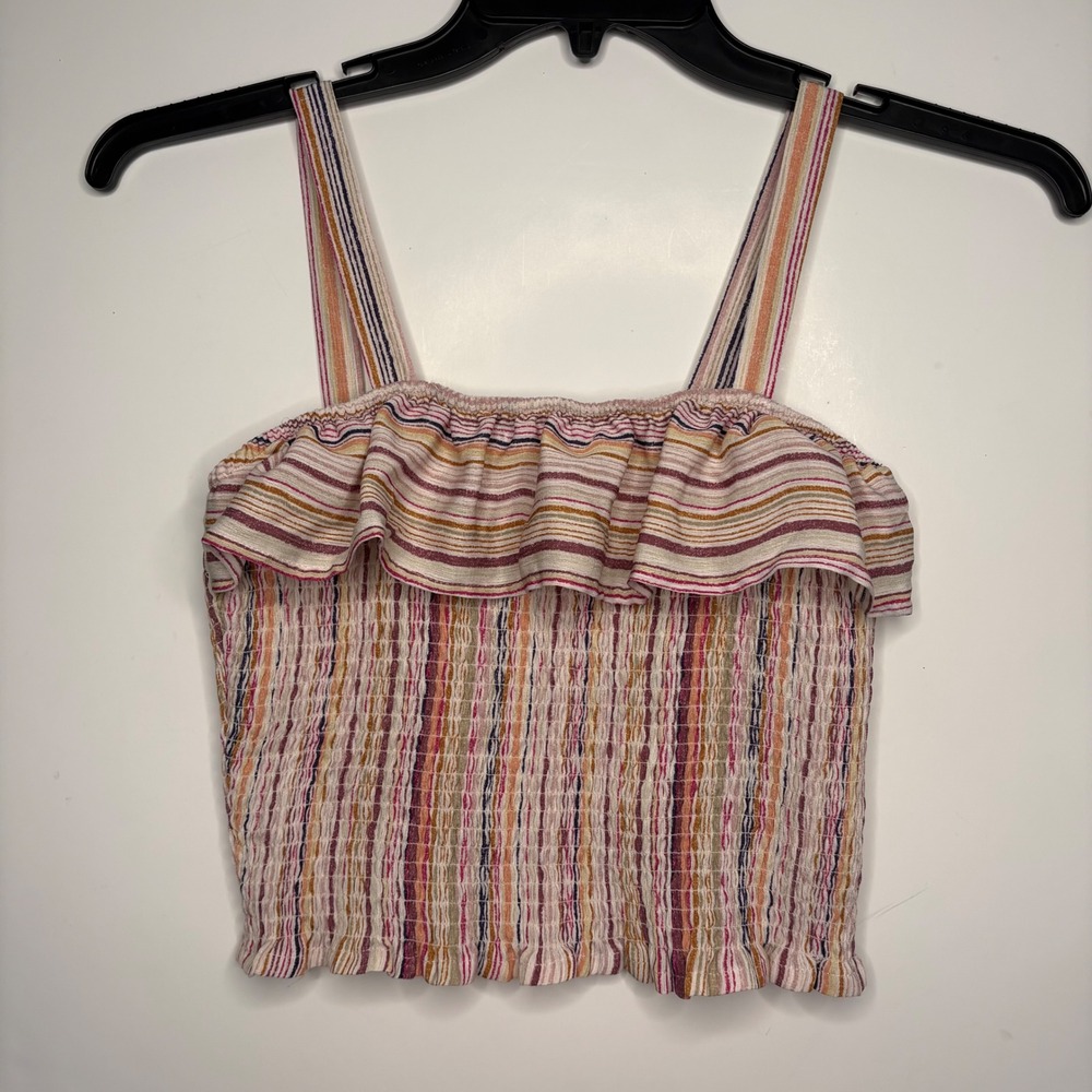 Live To Be Spoiled Smocked Crop Top M Striped Ruffle Boho Festival Tank Cami Y2K